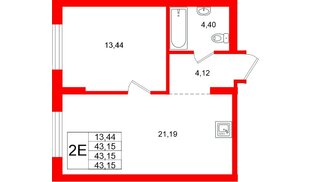 Квартира в ЖК «Брусника в Новоселье», 1 комнатная, 43.15 м², 2 этаж