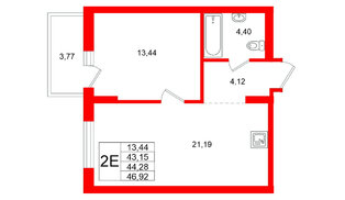 Квартира в ЖК «Брусника в Новоселье», 1 комнатная, 46.92 м², 6 этаж