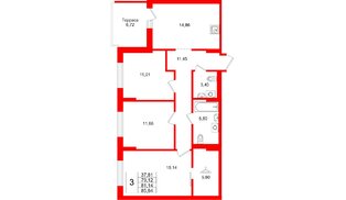 Квартира в ЖК «Брусника в Новоселье», 3 комнатная, 85.84 м², 9 этаж