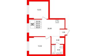Квартира в ЖК «Брусника в Новоселье», 2 комнатная, 55.07 м², 3 этаж