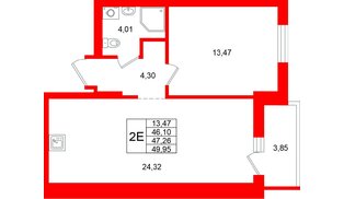 Квартира в ЖК «Брусника в Новоселье», 1 комнатная, 49.95 м², 6 этаж
