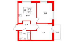 Квартира в ЖК Брусника в Новоселье, 2 комнатная, 52.11 м², 6 этаж