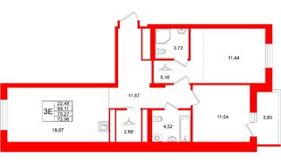 Квартира в ЖК «Брусника в Новоселье», 2 комнатная, 72.96 м², 7 этаж