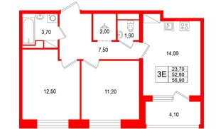 Квартира в ЖК «М36», 2 комнатная, 56.9 м², 10 этаж