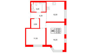 Квартира в ЖК «Плюс Пулковский», 2 комнатная, 51.6 м², 2 этаж