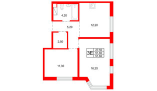 Квартира в ЖК «Плюс Пулковский», 2 комнатная, 51.6 м², 4 этаж