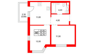 Квартира в ЖК «Плюс Пулковский», 2 комнатная, 44.79 м², 2 этаж