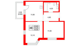 Квартира в ЖК «Плюс Пулковский», 2 комнатная, 44.89 м², 4 этаж