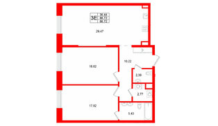 Квартира в ЖК «VI квартал», 2 комнатная, 86.72 м², 3 этаж