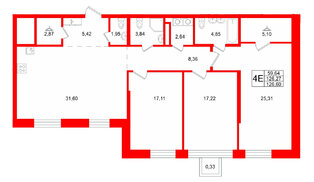 Квартира в ЖК «VI квартал», 3 комнатная, 126.6 м², 3 этаж
