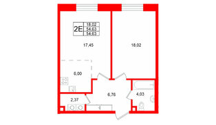 Квартира в ЖК «VI квартал», 1 комнатная, 54.63 м², 2 этаж