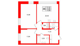 Квартира в ЖК «VI квартал», 2 комнатная, 73.88 м², 1 этаж