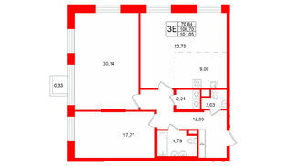 Квартира в ЖК «VI квартал», 2 комнатная, 101.03 м², 3 этаж