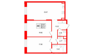 Квартира в ЖК «VI квартал», 2 комнатная, 86.72 м², 3 этаж