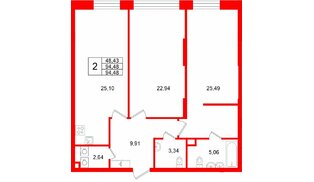Квартира в ЖК «VI квартал», 2 комнатная, 94.48 м², 2 этаж