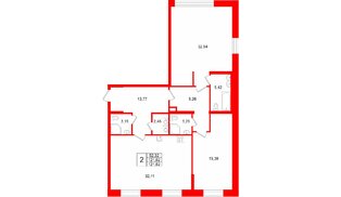 Квартира в ЖК «VI квартал», 2 комнатная, 121.82 м², 1 этаж