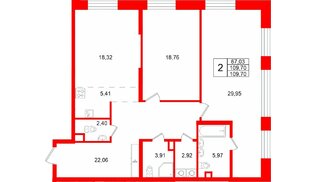 Квартира в ЖК «VI квартал», 2 комнатная, 109.7 м², 2 этаж