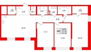 Квартира в ЖК «VI квартал», 3 комнатная, 127.46 м², 2 этаж