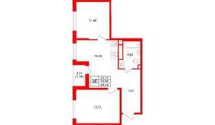 Квартира в ЖК «Имена», 2 комнатная, 54.74 м², 2 этаж