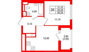 Квартира в ЖК «Янила Форест», 1 комнатная, 35.2 м², 2 этаж