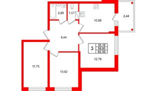 Квартира в ЖК «Финский Квартал», 3 комнатная, 62.39 м², 6 этаж