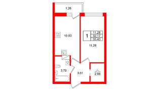 Квартира в ЖК «Финский Квартал», 1 комнатная, 33.43 м², 4 этаж