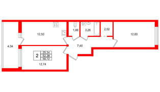 Квартира в ЖК «Финский Квартал», 2 комнатная, 56.72 м², 1 этаж