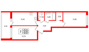 Квартира в ЖК «Финский Квартал», 2 комнатная, 56.4 м², 2 этаж