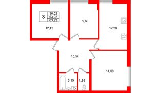 Квартира в ЖК «Финский Квартал», 3 комнатная, 63.92 м², 1 этаж
