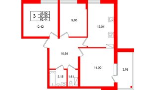 Квартира в ЖК «Финский Квартал», 3 комнатная, 66.44 м², 6 этаж