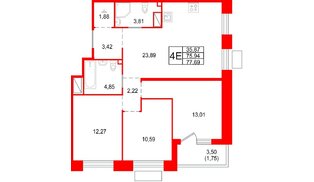 Квартира в ЖК «Респект», 3 комнатная, 77.69 м², 4 этаж