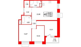 Квартира в ЖК «Респект», 3 комнатная, 77.69 м², 9 этаж
