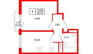Квартира в ЖК «Слобода», 1 комнатная, 32.73 м², 4 этаж