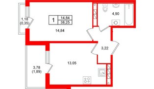 Квартира в ЖК «Слобода», 1 комнатная, 38.25 м², 2 этаж