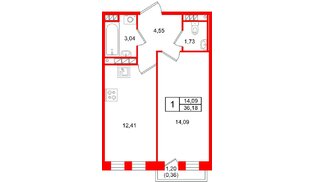 Квартира в ЖК «Слобода», 1 комнатная, 36.18 м², 4 этаж