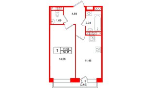Квартира в ЖК «Слобода», 1 комнатная, 36.11 м², 2 этаж