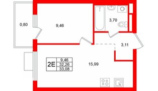 Квартира в ЖК «Заречный парк», 1 комнатная, 33.08 м², 15 этаж