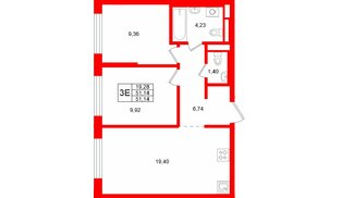 Квартира в ЖК «Заречный парк», 2 комнатная, 51.14 м², 1 этаж
