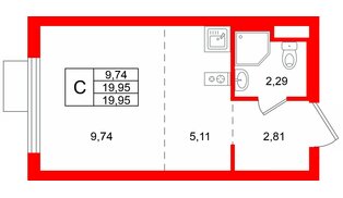 Квартира в ЖК «Заречный парк», студия, 19.95 м², 5 этаж