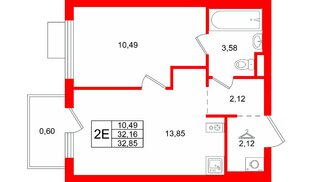 Квартира в ЖК «Заречный парк», 1 комнатная, 32.85 м², 3 этаж