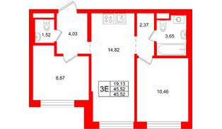 Квартира в ЖК «Заречный парк», 2 комнатная, 45.52 м², 1 этаж