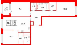 Квартира в ЖК «Акватория», 3 комнатная, 91.91 м², 7 этаж