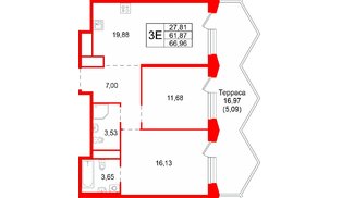 Квартира в ЖК «Акватория», 2 комнатная, 66.96 м², 9 этаж