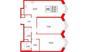 Квартира в ЖК Акватория, 2 комнатная, 80.9 м², 5 этаж