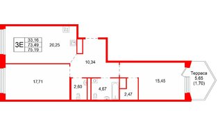 Квартира в ЖК «Акватория», 2 комнатная, 75.19 м², 9 этаж
