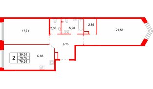 Квартира в ЖК Акватория, 2 комнатная, 79.59 м², 3 этаж