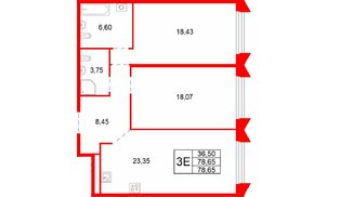 Квартира в ЖК Акватория, 2 комнатная, 78.65 м², 2 этаж