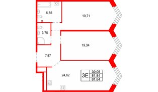 Квартира в ЖК Акватория, 2 комнатная, 81.84 м², 3 этаж