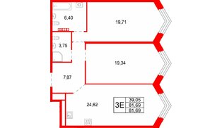 Квартира в ЖК Акватория, 2 комнатная, 81.69 м², 7 этаж