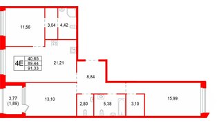 Квартира в ЖК «Акватория», 3 комнатная, 91.33 м², 2 этаж